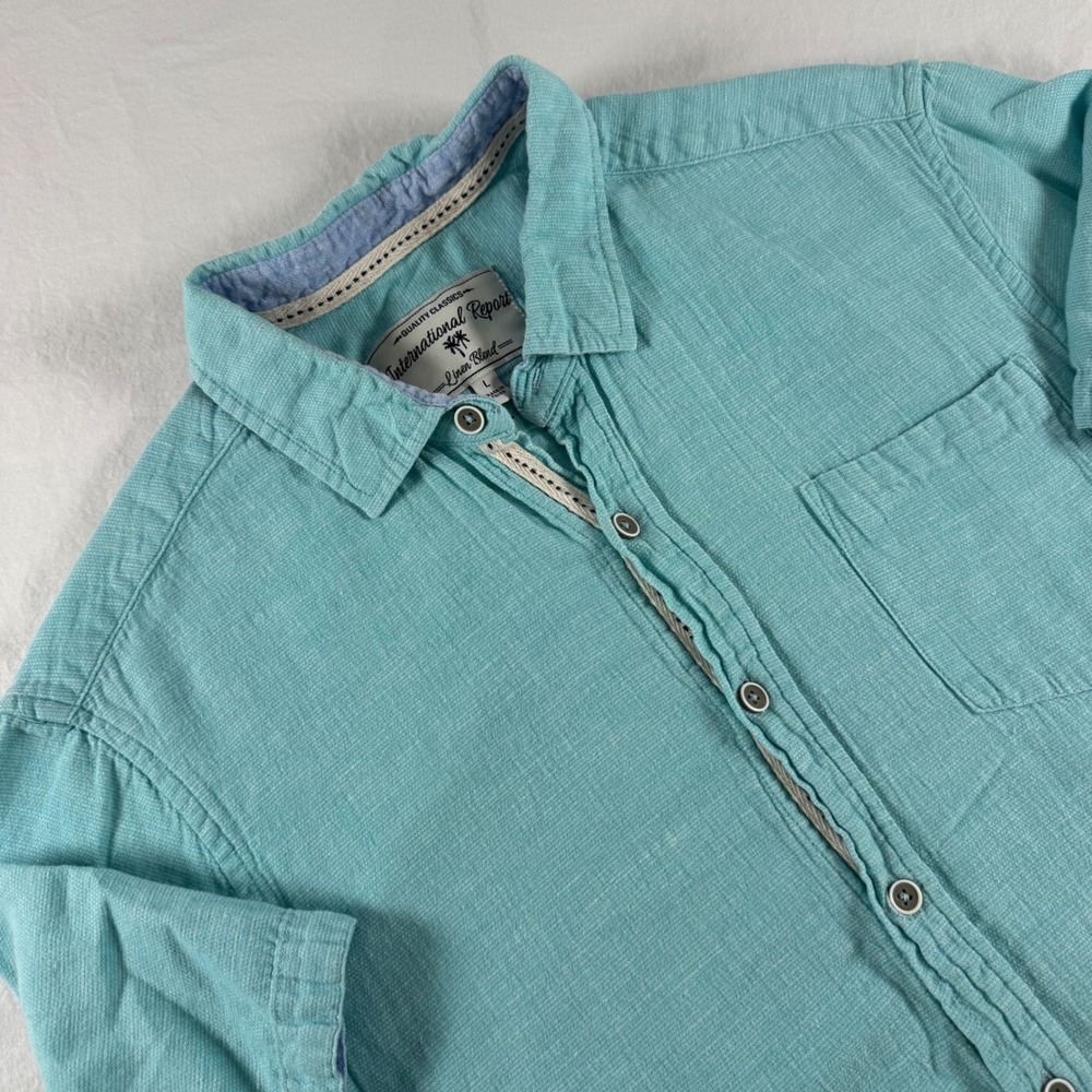 International Report Men's Sz L Teal Linen Blend Short Sleeve Button Down Shirt